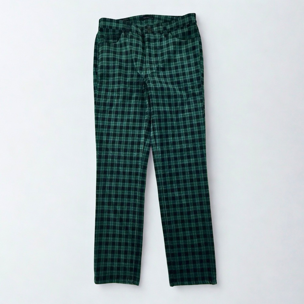 Talbots Velveteen Straight Leg Pants Womens 6 Green Black Plaid Velvet Trousers